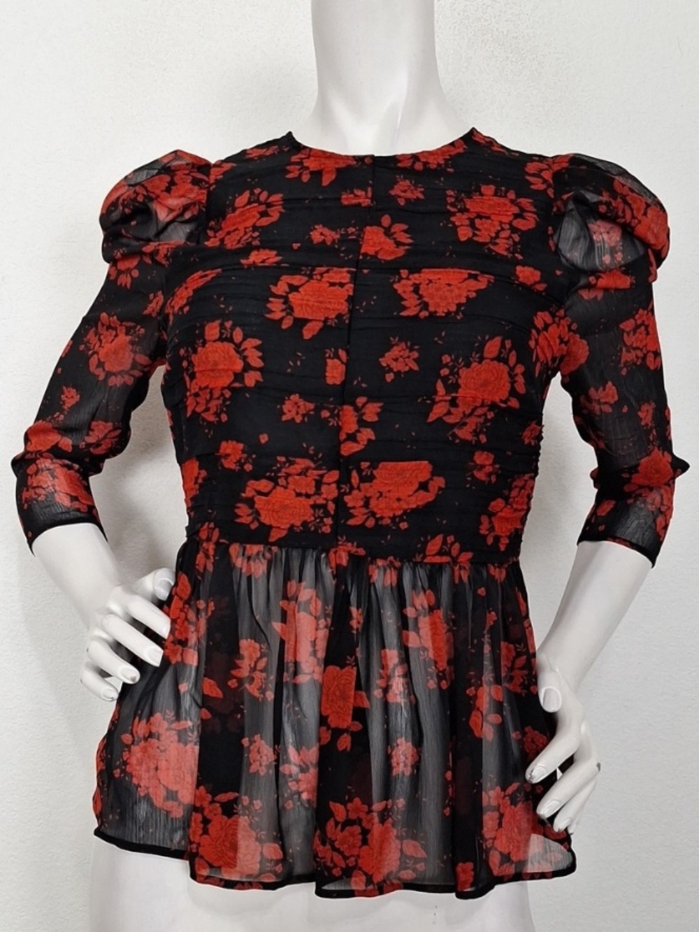 Zara Red & Black Floral Whimsigoth Romantic Semi Sheer Peplum Blouse Size XS